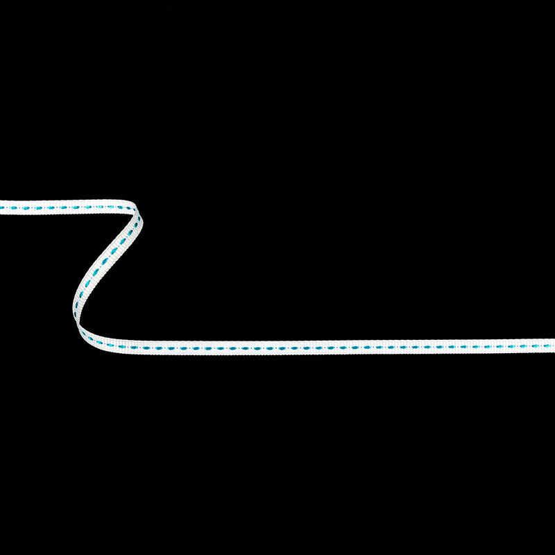 White Grosgrain Ribbon with Turquoise Stitching - 0.25"