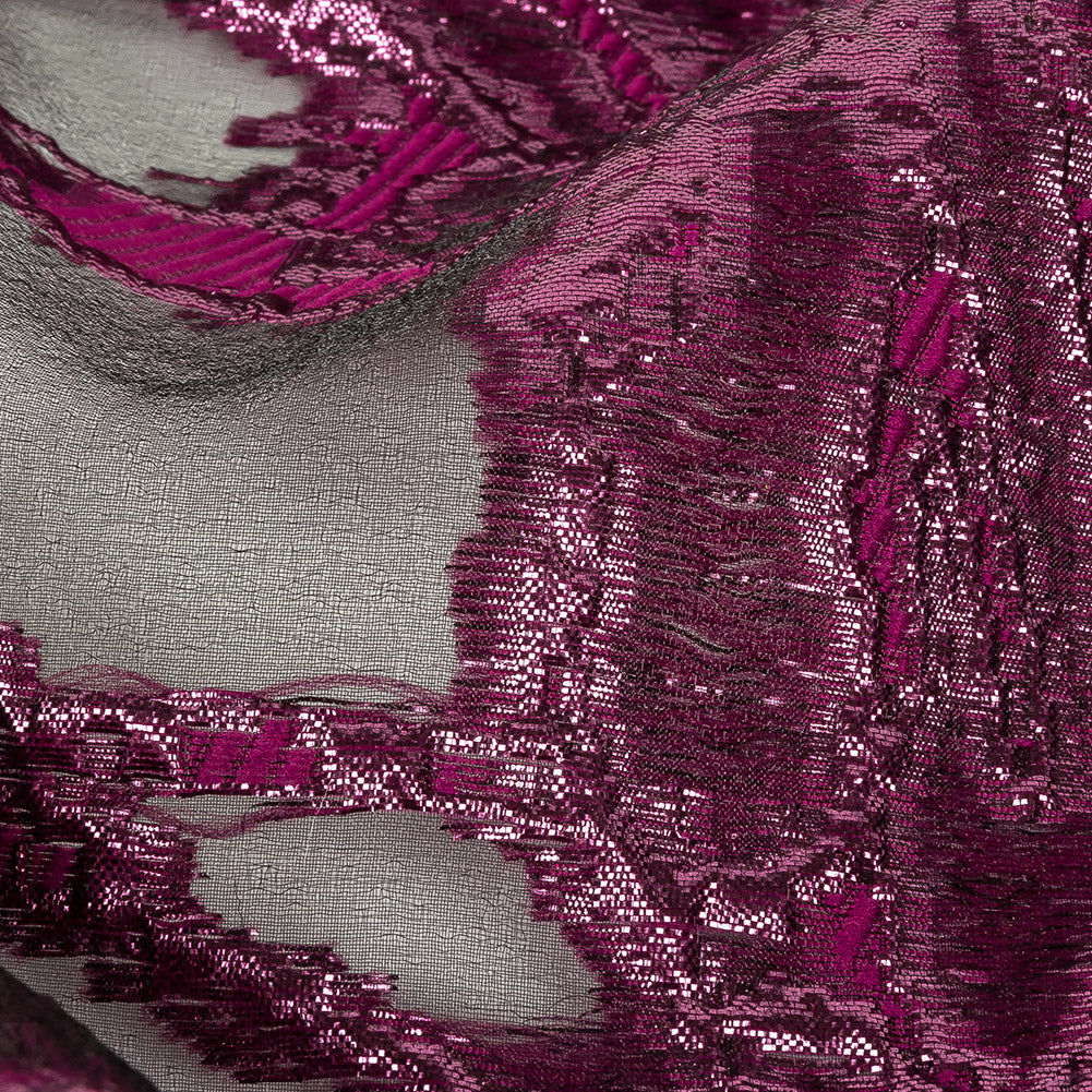 Mood Exclusive Metallic Raspberry Radiance and Black Mineral Veins Luxury Burnout Brocade