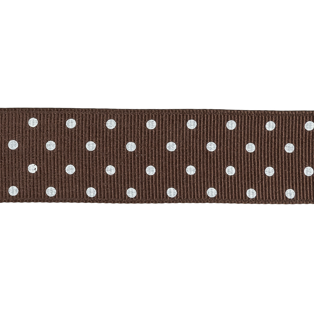 Chestnut and White Polka Dots Grosgrain Ribbon - 1"