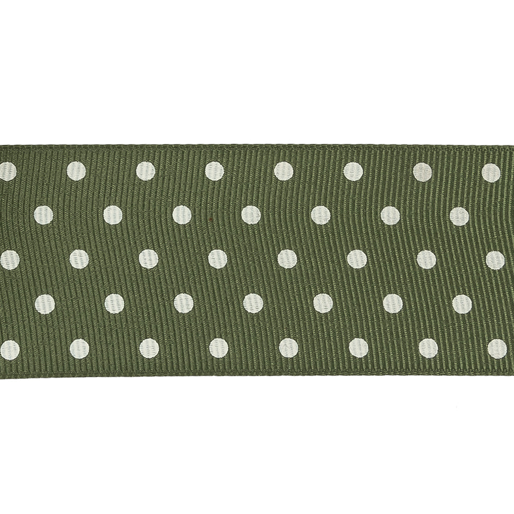 Pesto and White Polka Dots Grosgrain Ribbon - 1.625"