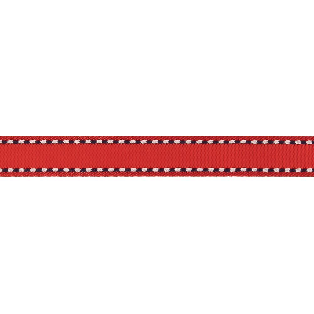 Red Woven Ribbon with Navy and White Stitched Border - 0.375"