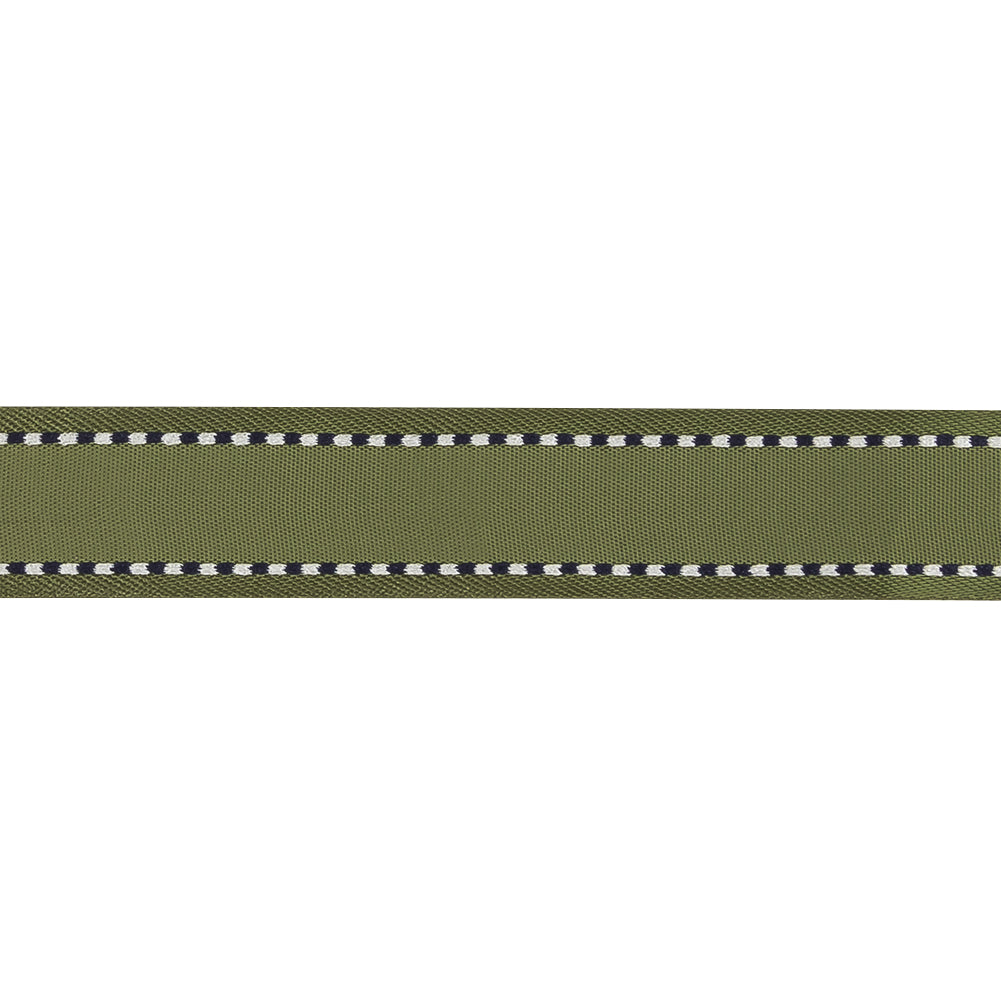 Sage Green Woven Ribbon with Navy and White Stitched Border - 0.625"