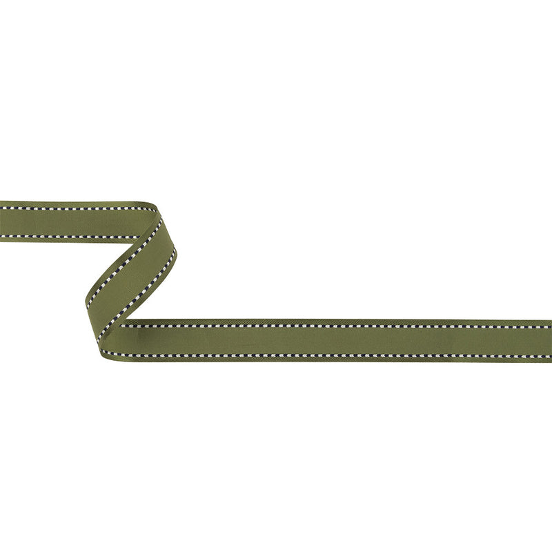 Sage Green Woven Ribbon with Navy and White Stitched Border - 0.625"