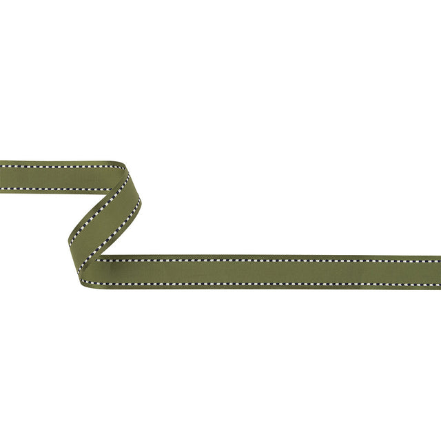 Sage Green Woven Ribbon with Navy and White Stitched Border - 0.625"