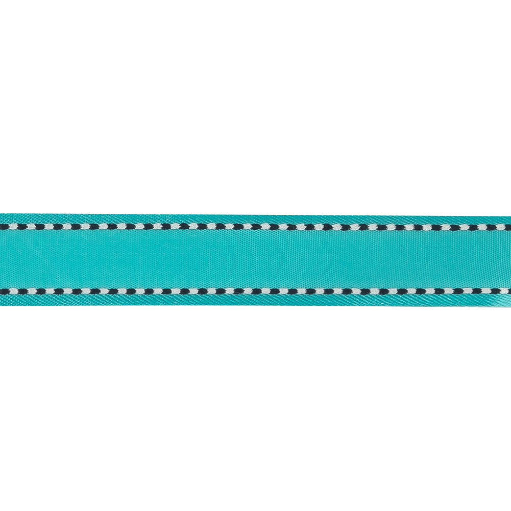 Turquoise Woven Ribbon with Navy and White Stitched Border - 0.625"