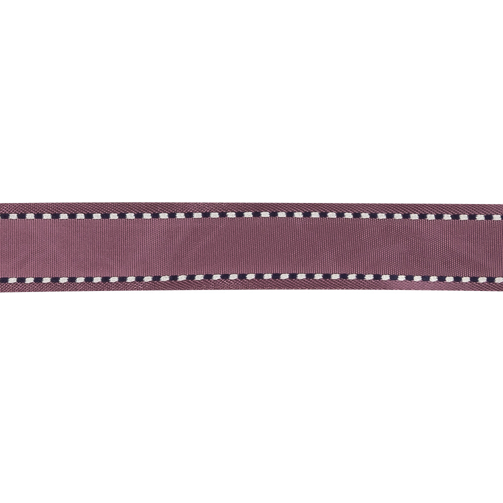 Purple Woven Ribbon with Navy and White Stitched Border - 0.625"
