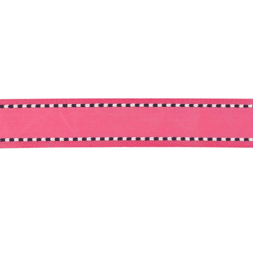Hot Pink Woven Ribbon with Navy and White Stitched Border - 0.625"
