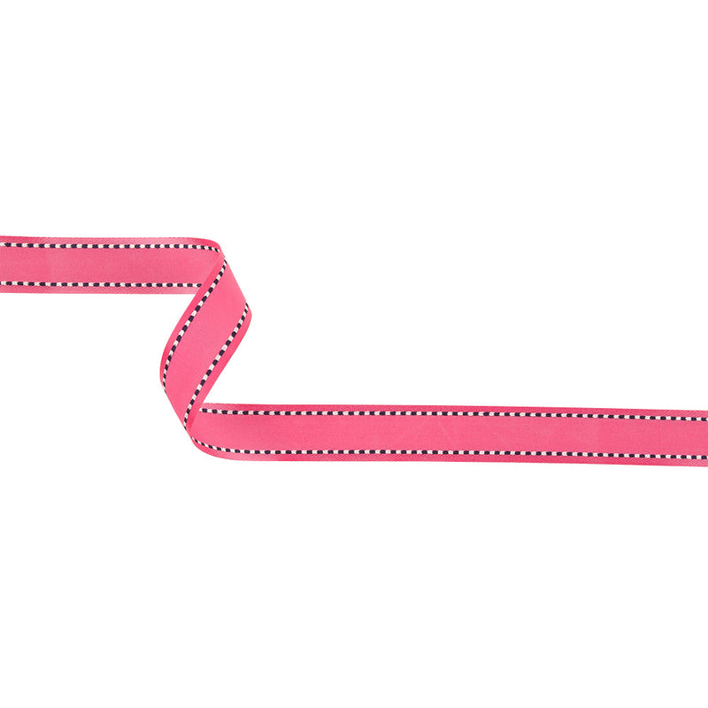 Hot Pink Woven Ribbon with Navy and White Stitched Border - 0.625"