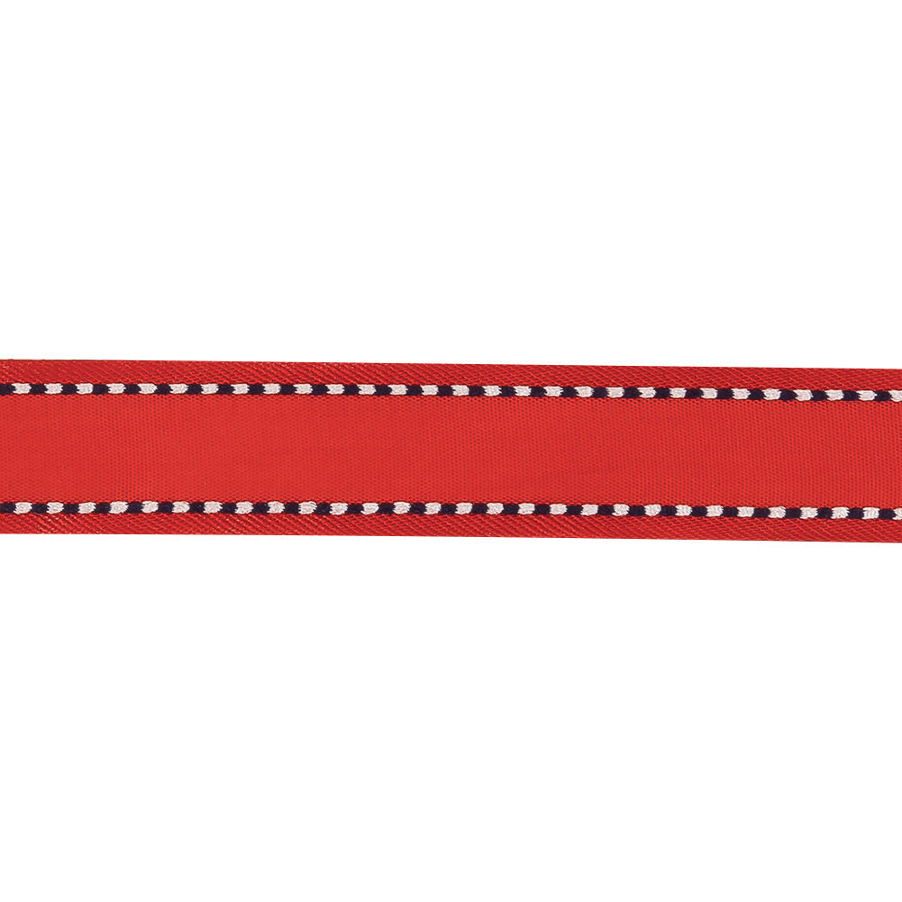 Red Woven Ribbon with Navy and White Stitched Border - 0.625"