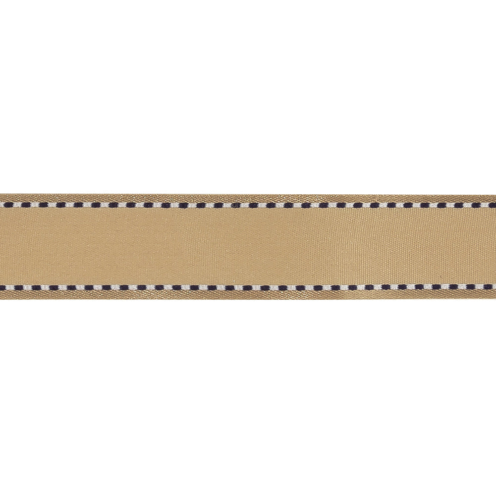 Marzipan Woven Ribbon with Navy Blazer and White Stitched Border - 0.75"