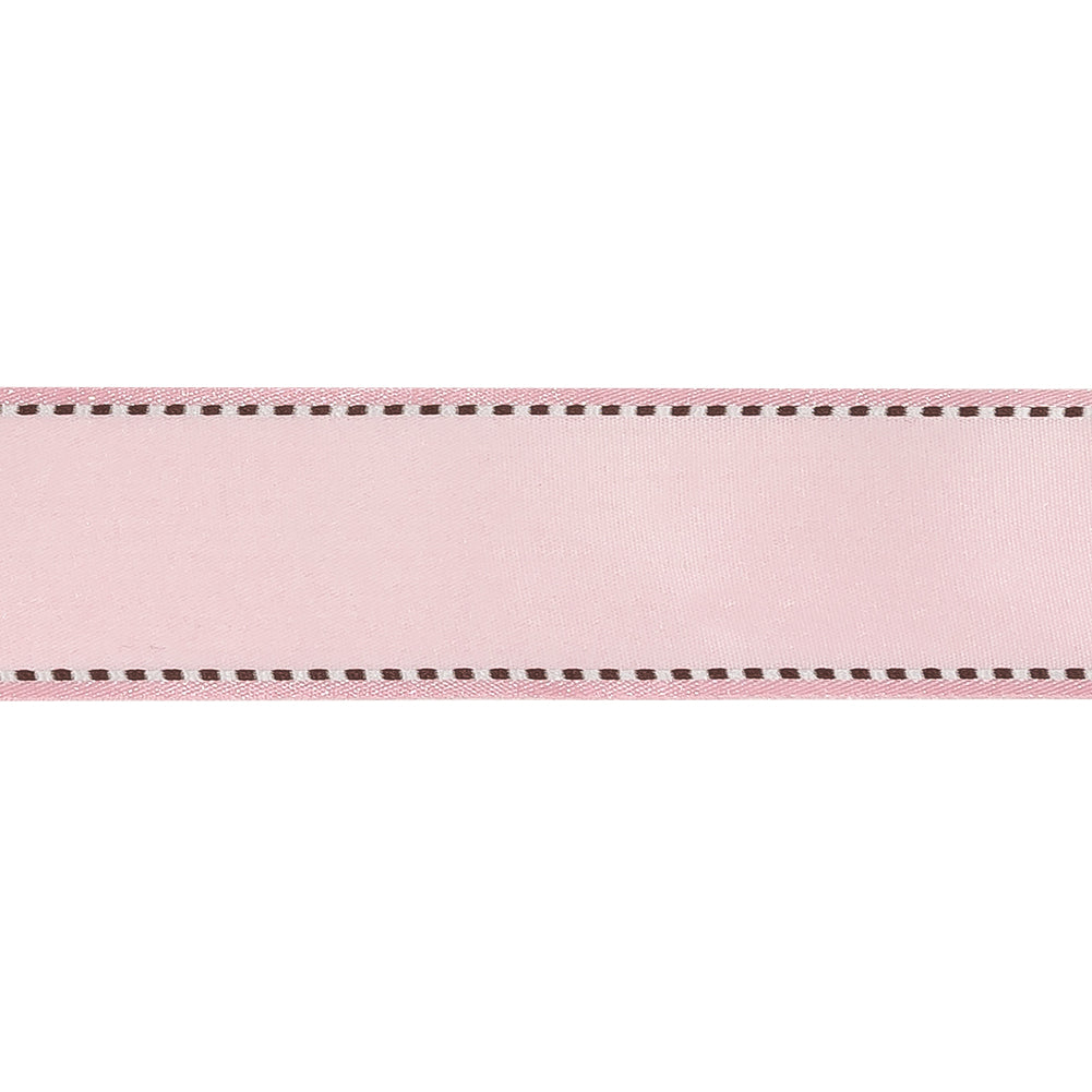 Pink Marshmallow Woven Ribbon with Brown and White Stitched Border - 1"