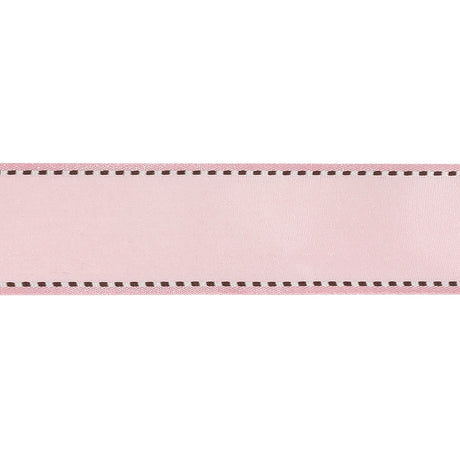 Pink Marshmallow Woven Ribbon with Brown and White Stitched Border - 1"