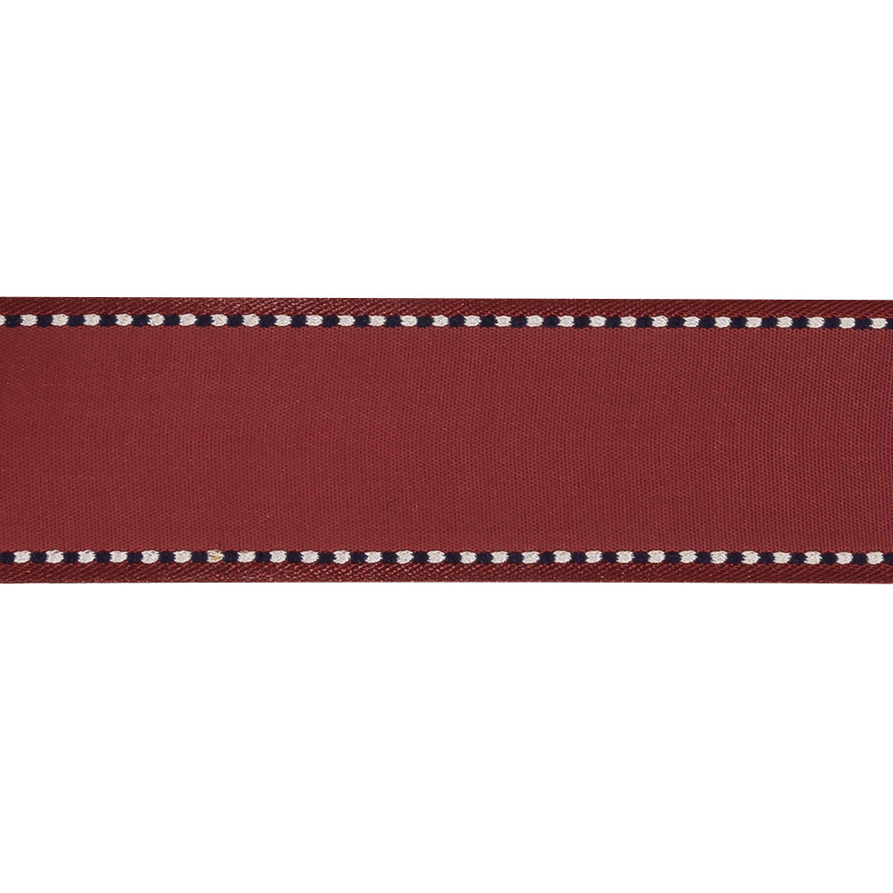 Spiced Apple Woven Ribbon with Navy Blazer and White Stitched Border - 1"