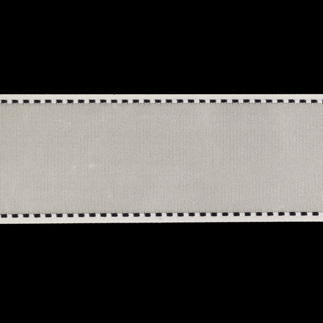 White Woven Ribbon with Black and White Stitched Border - 1.375"