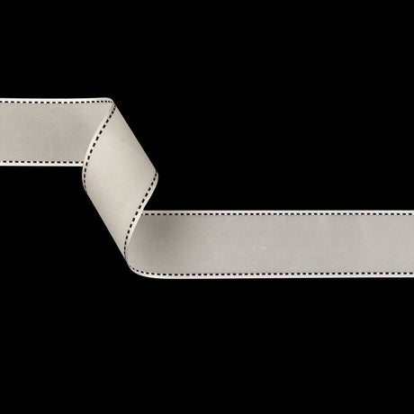 White Woven Ribbon with Black and White Stitched Border - 1.375"