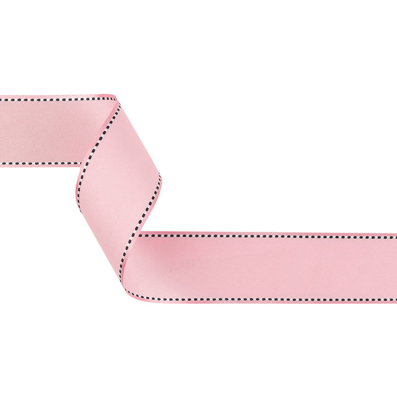 Pink Marshmallow Woven Ribbon with Navy Blazer and White Stitched Border - 1.5"