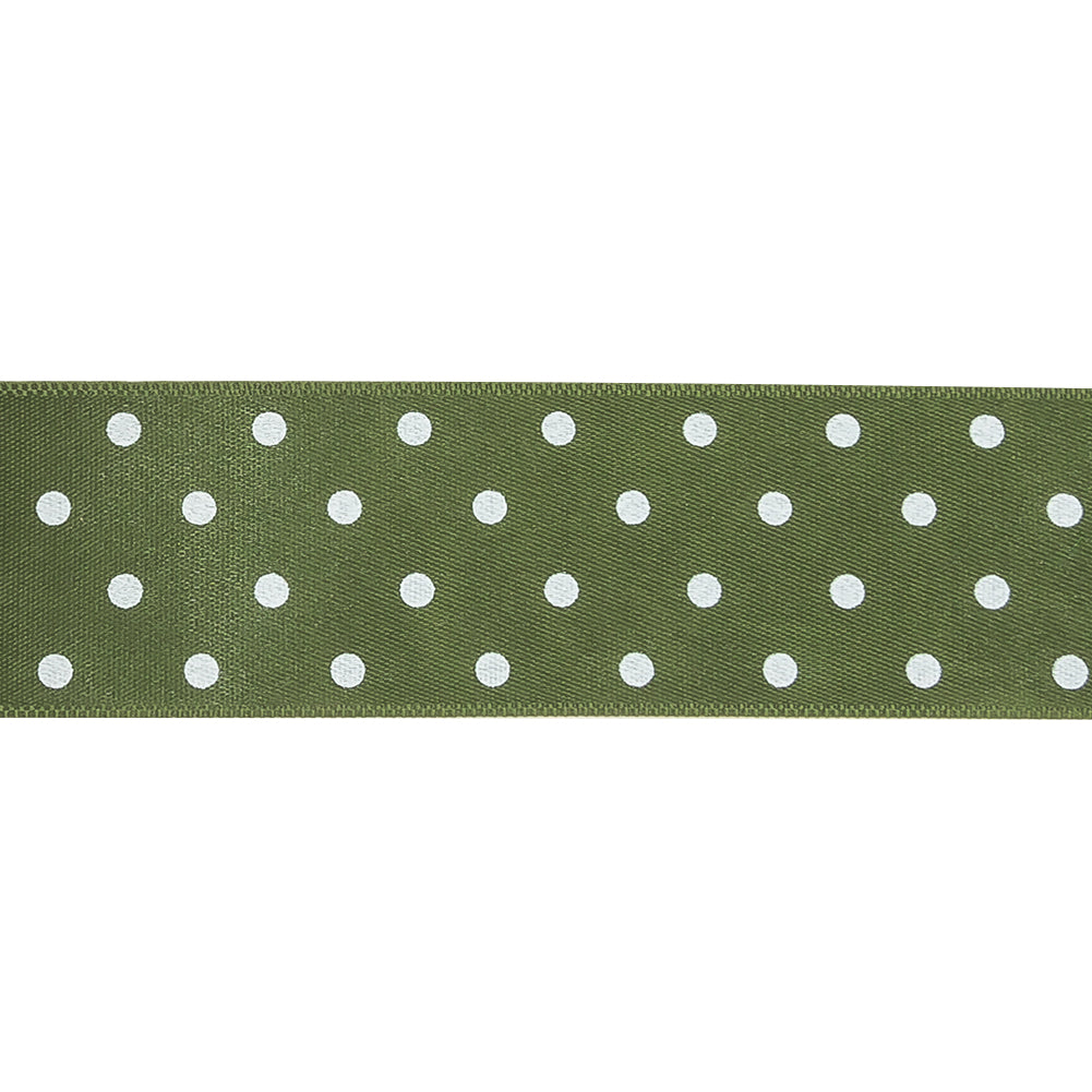 Olive and White Polka Dots Satin Ribbon - 1"
