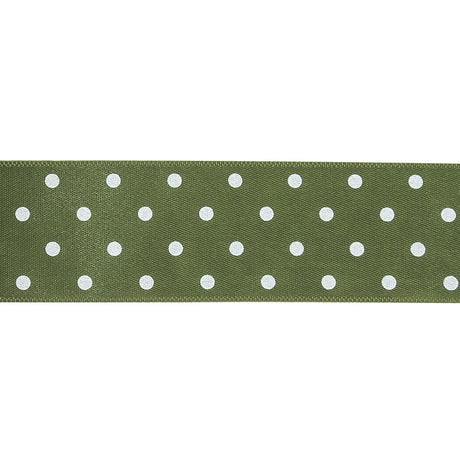 Olive and White Polka Dots Satin Ribbon - 1"
