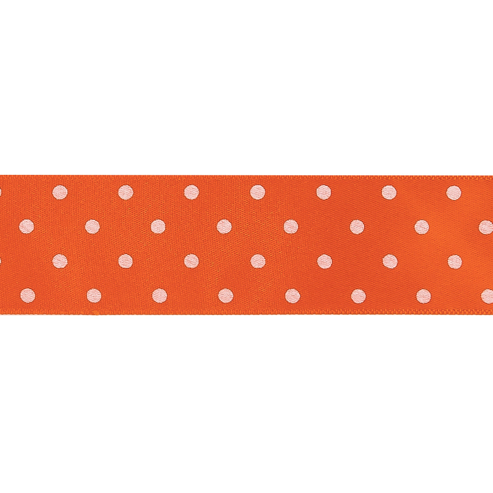 Carrot and Bright White Polka Dots Satin Ribbon - 1"
