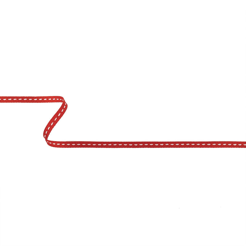 Red Grosgrain Ribbon with Lucent White Stitching - 0.25"