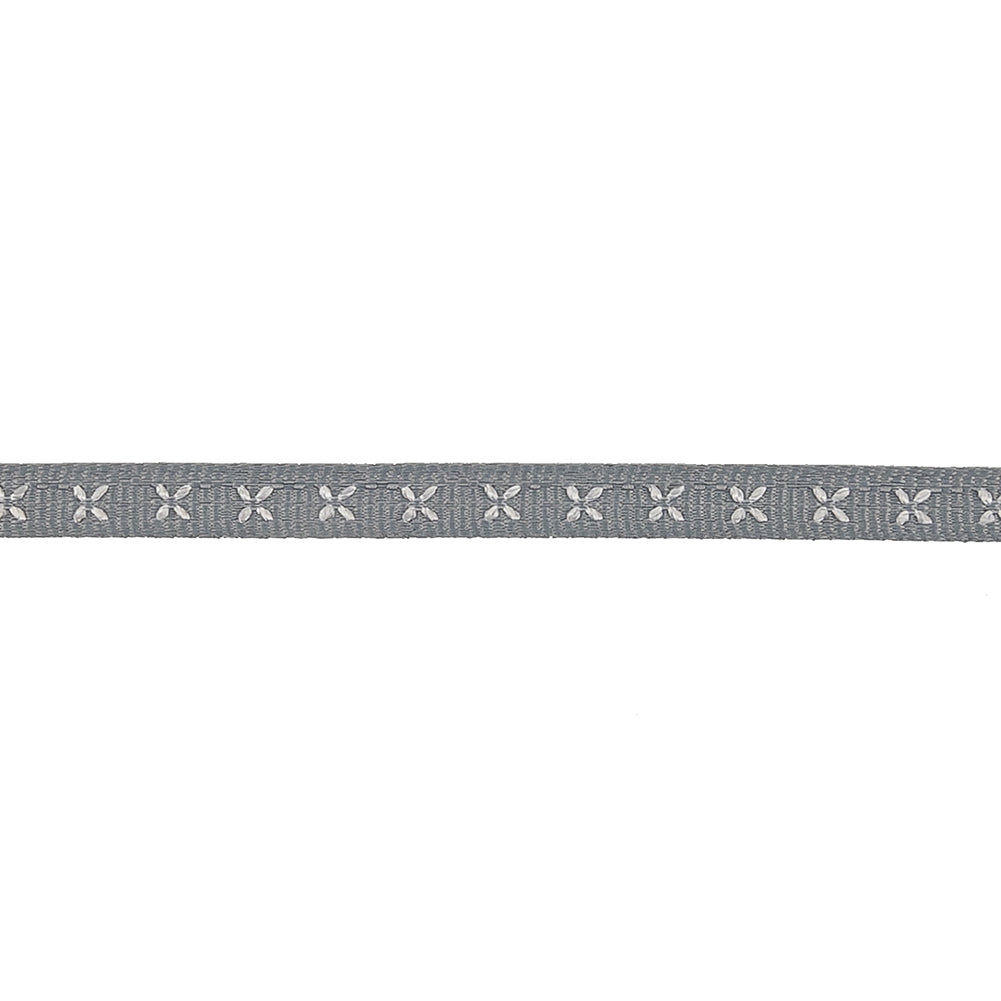 Gray Grosgrain Ribbon with Blanc de Blanc Stitched Flowers - 0.25"