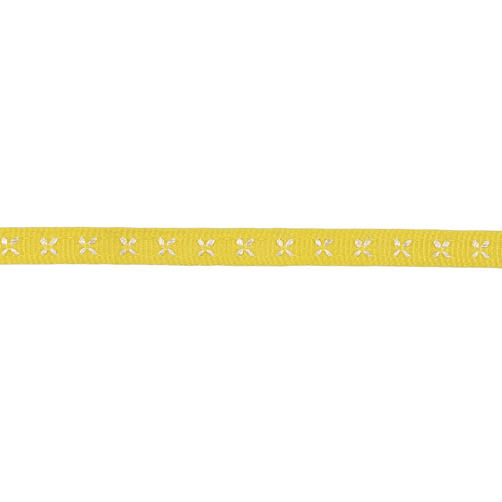 Sunshine Yellow Grosgrain Ribbon with Blanc de Blanc Stitched Flowers - 0.25"