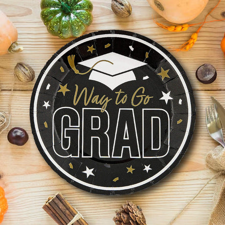25 Count Black Way to Go Grad Paper Dessert Plates Graduation Supplies 7 1/4 Inch
