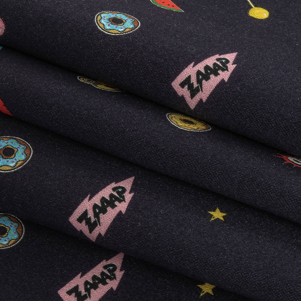 Stretch Cotton Sateen - Navy Pop Icons - Candy & Combat Print - Mood Exclusive Comic Collection