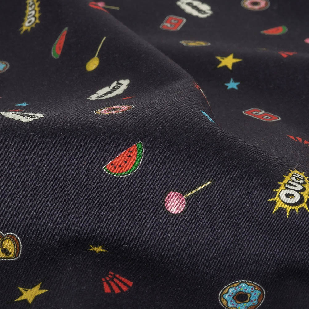 Stretch Cotton Sateen - Navy Pop Icons - Candy & Combat Print - Mood Exclusive Comic Collection