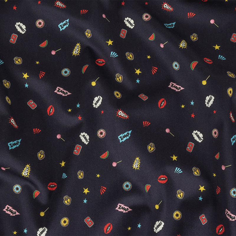 Stretch Cotton Sateen - Navy Pop Icons - Candy & Combat Print - Mood Exclusive Comic Collection