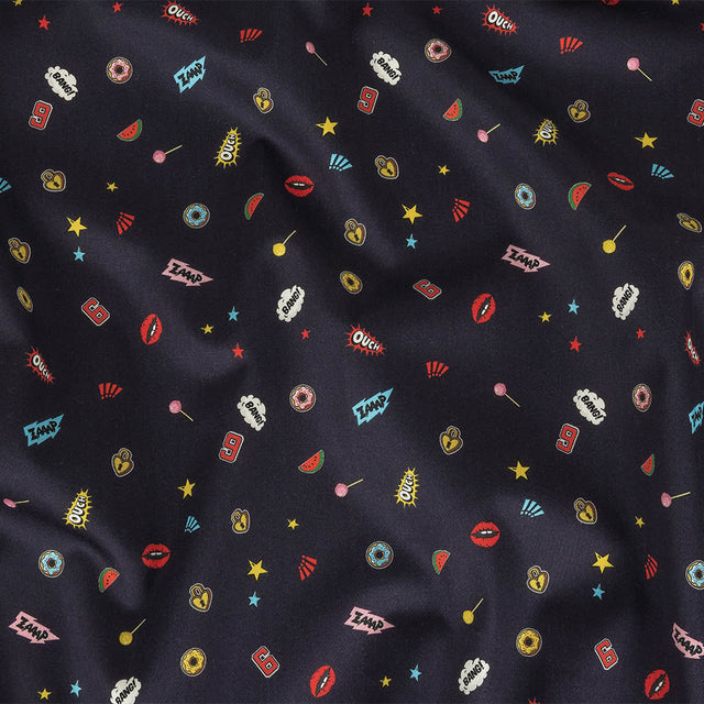 Stretch Cotton Sateen - Navy Pop Icons - Candy & Combat Print - Mood Exclusive Comic Collection