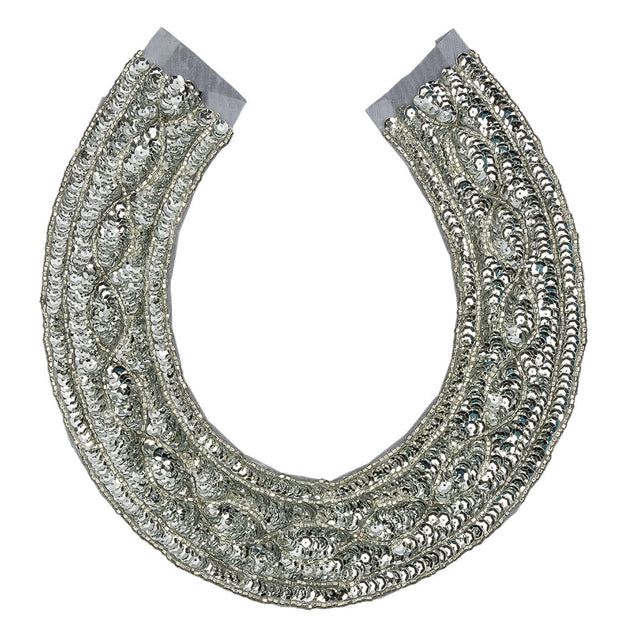 Vintage Metallic Silver Sequined and Beaded Collar Applique - 9.75" X 9.25"