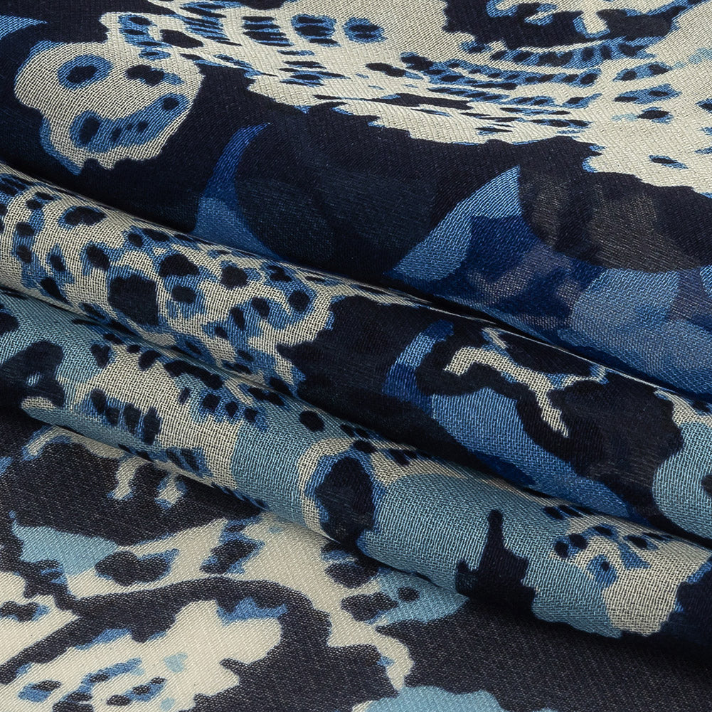 Blue and Cream Floral Silk Chiffon
