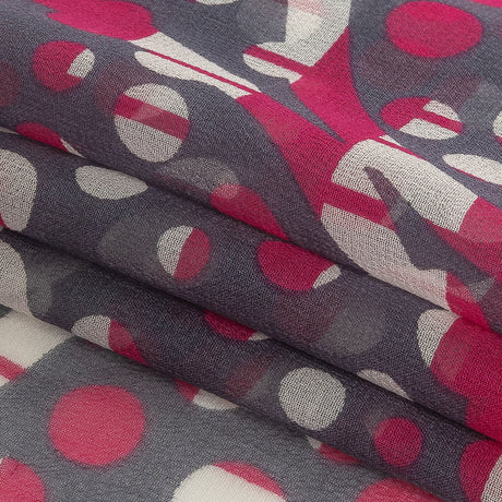 Fuchsia, Gray and White Circles and Stripes Silk Chiffon