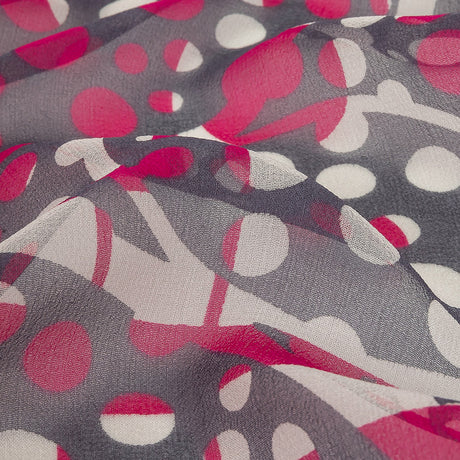 Fuchsia, Gray and White Circles and Stripes Silk Chiffon