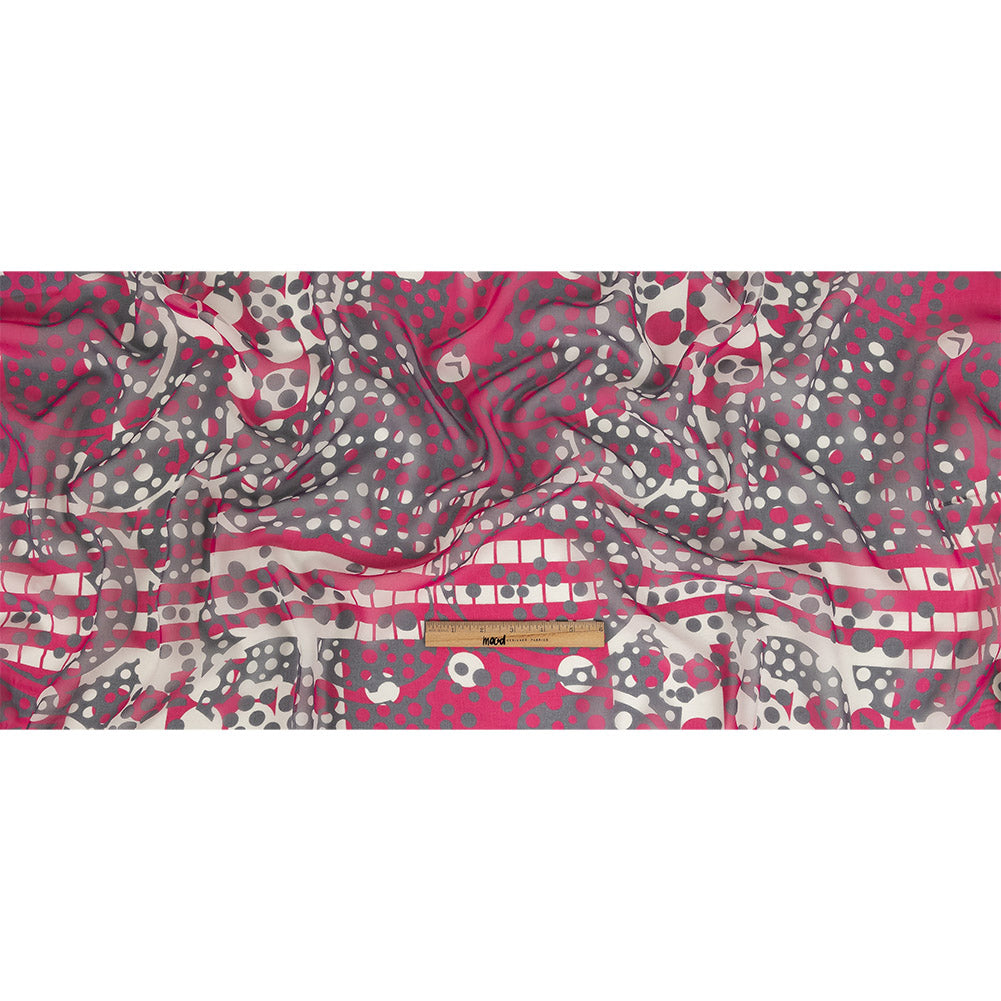 Fuchsia, Gray and White Circles and Stripes Silk Chiffon