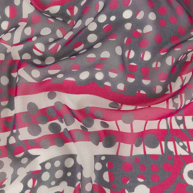 Fuchsia, Gray and White Circles and Stripes Silk Chiffon