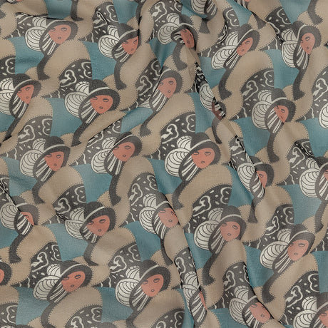 Blue, Peach and Beige Lady in Hat Silk Chiffon