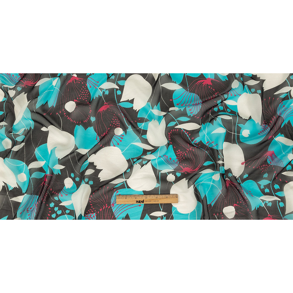 Turquoise, Black and Pink Tulips Silk Chiffon