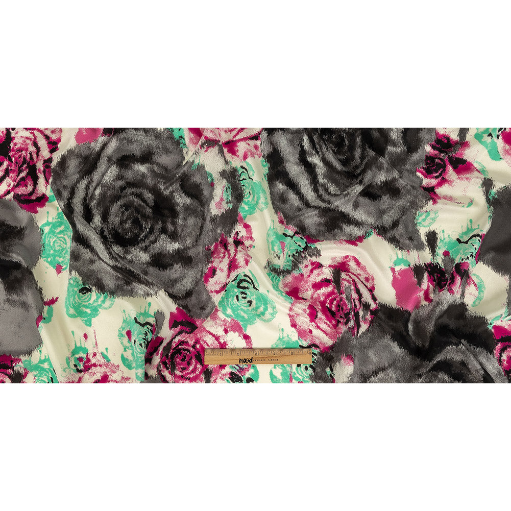 Pink, Electric Green and Flannel Gray Painterly Roses Silk Crepe de Chine