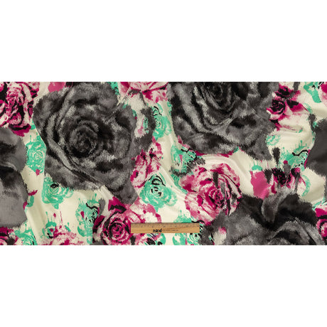 Pink, Electric Green and Flannel Gray Painterly Roses Silk Crepe de Chine