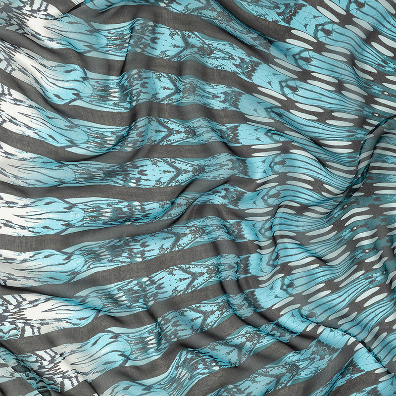 Navy, Sky Blue and White Fans Silk Chiffon
