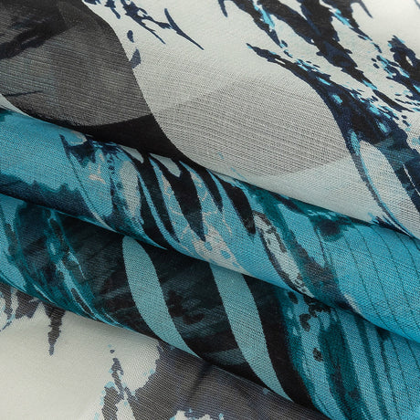 Navy, Sky Blue and White Fans Silk Chiffon