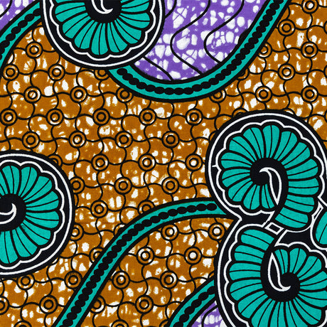 Teal, Gold and Purple Spirals and Abstract Cotton Supreme Super Wax African Print