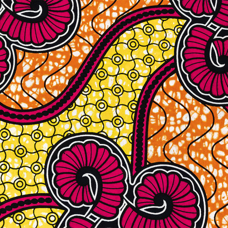 Pink, Lemon and Orange Spirals and Abstract Cotton Supreme Super Wax African Print