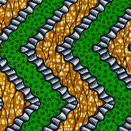 Green, Estate Blue and Tan Wavy Zig Zags Cotton Supreme Wax African Print