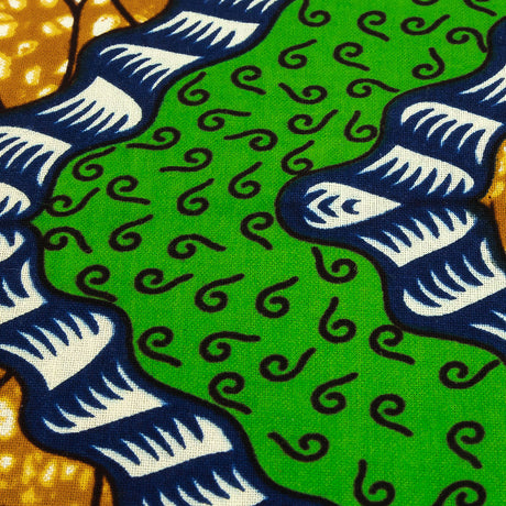 Green, Estate Blue and Tan Wavy Zig Zags Cotton Supreme Wax African Print