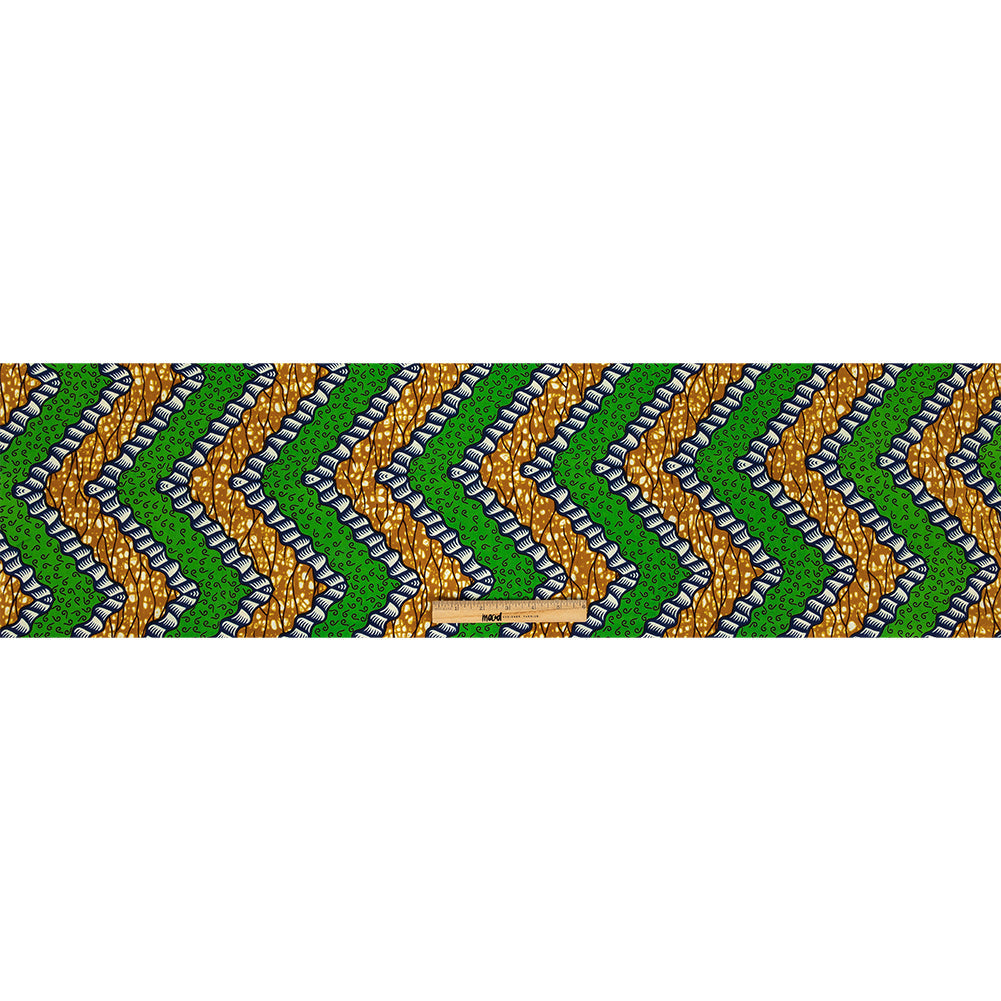 Green, Estate Blue and Tan Wavy Zig Zags Cotton Supreme Wax African Print