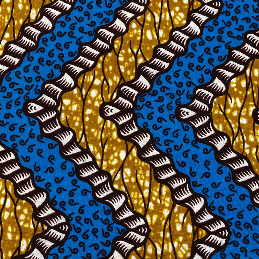 Blue, Dark Yellow and Brown Wavy Zig Zags Cotton Supreme Wax African Print