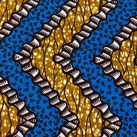 Blue, Dark Yellow and Brown Wavy Zig Zags Cotton Supreme Wax African Print